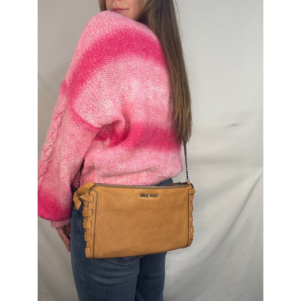 Women's Authentic Miu Miu Tan Leather Clutch Chain Crossbody Bag Metal Braided - Picture 10 of 11